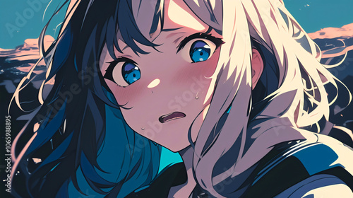 An anime girl with a red face, surprised in a positive, lovestruck state, blushing. She has beautiful blue eyes and a shocked expression on her face. photo