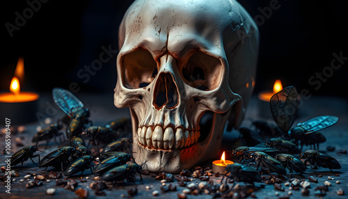 Human skull and cicadas creatures bugs for ritual selective focus. Halloween occult, esoteric and divination concept of magic. Witch craft black magic at magical altar isolated with white highlights