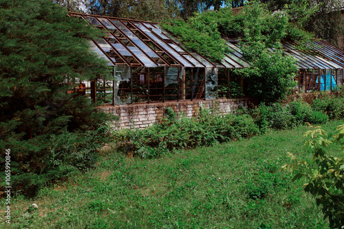 Vintage greenhouse with broken windows. An old greenhouse for the study of rare plants. Broken windows theory. Growing sustainable products in your home greenhouse.