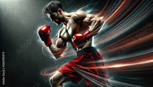 dynamic professional photo of boxer mid-punch with motion trails photo