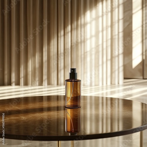 A photo of a cosmetic spray bottle mockup on a polished glass table. The high detail and gentle shadows create a chic and refined atmosphere, perfect for a luxurious presentation.
