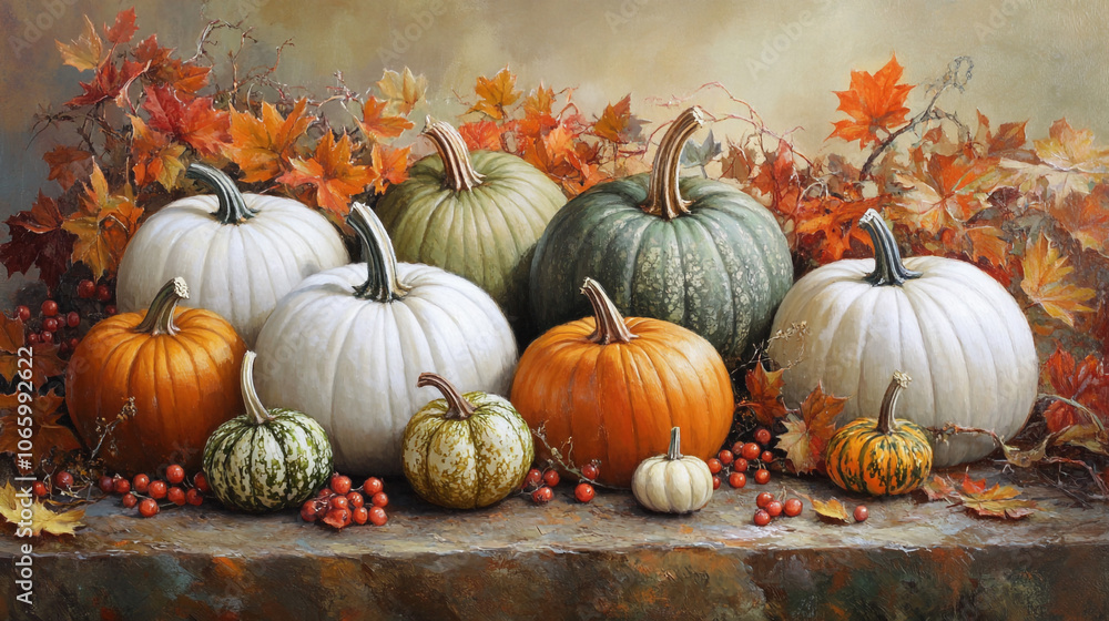 Naklejka premium Autumn Harvest Still Life with Pumpkins Gourds and Leaves