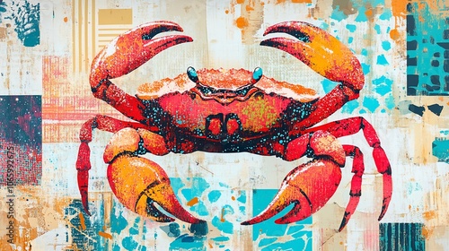 A large, red crab is painted on a colorful background. The crab is in a defensive posture, with its claws raised. photo