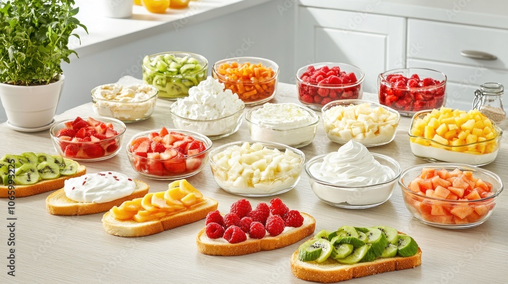 A table with various bowls of fruit and whipped cream, two pieces of toast with fruit and whipped cream.