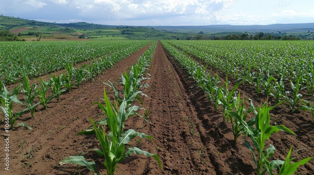 Fototapeta premium vast organic maize farm capturing the planting process of sweet corn, showcasing the rich green fields and agricultural beauty in a serene countryside landscape