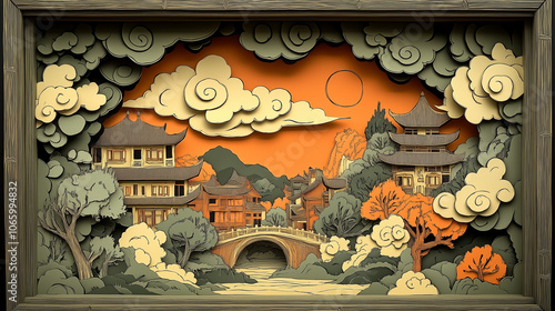 Paper asian city  with carved wood screens on every window and ornate carved wood columns, and beams along the avenue of both sides of a road . the image is made from Layered paper cut design. photo