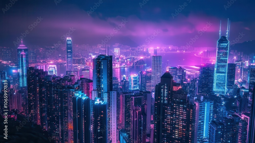 vibrant neon cityscape at night, skyscrapers bathed in pink and blue light, creating a captivating cyberpunk atmosphere vibrant neon cityscape at night, skyscrapers bathed in pink and blue light, creating a captivating cyberpunk atmosphere