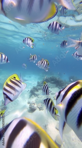 Underwater perspective from a snorkeler, seeing various fish and colorful sea creatures....... photo