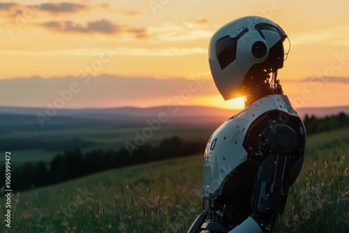 Cyborg reflecting on sunset  a humanoid robot appreciating nature s beauty at golden hour photo