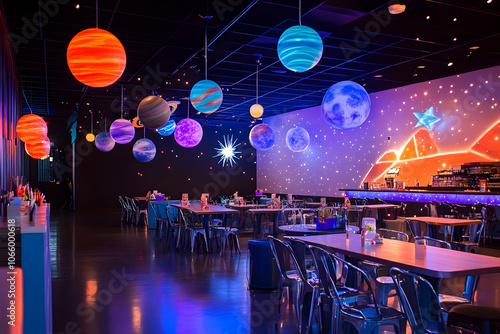 A vibrant cosmic-themed restaurant with glowing planets and stellar decor at night photo