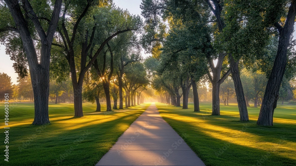 Obraz premium A sunlit path runs through a tree-lined walkway with grassy fields on either side.