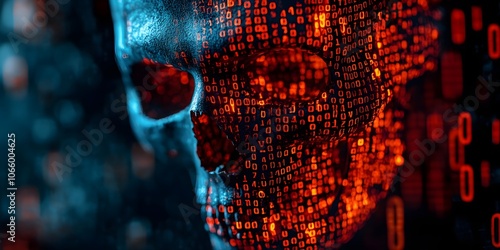 digital skull made of binary code in red blue against black background copy space cybersecurity hacking threat photo