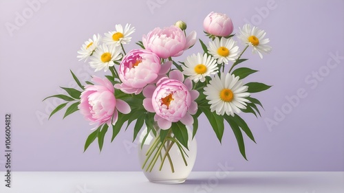 Wallpaper Mural Pink peonies and white daisies bouquet in a vase on purple background with copy space Torontodigital.ca