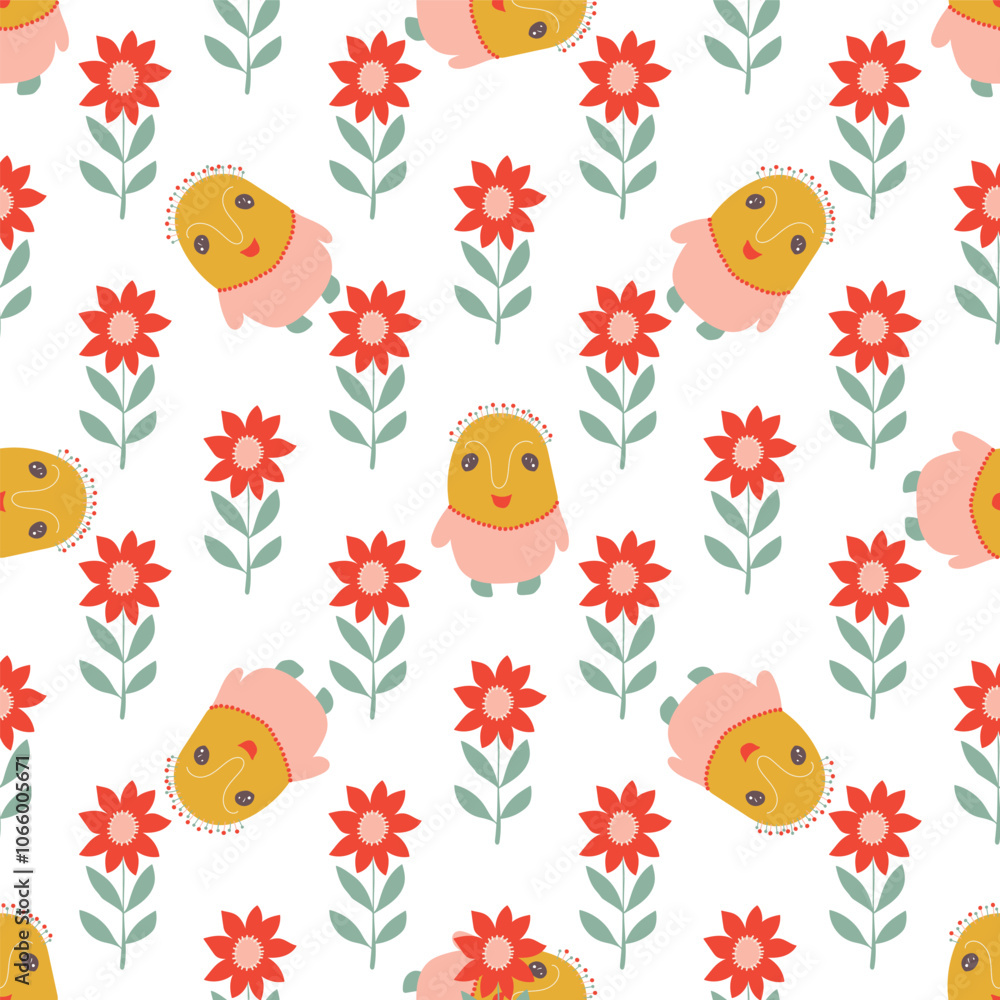 Fototapeta premium Seamless vector pattern with floral elements and funny cartoon characters. Modern minimalist style texture for surface design, textile, scrapbook paper, wallpaper.