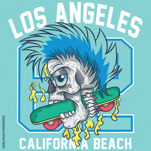 Illustration of a skull with punk-style hair in colors and biting a skateboard, texts on a background of beaches and places where these sports are practiced, numbers and patches. Youth lifestyle.
