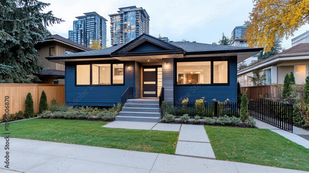 A charming blue wooden house stands near the road, framed by vibrant autumn foliage and a sleek black fence on a crisp day A charming blue wooden house stands near the road, framed by vibrant autumn foliage and a sleek black fence on a crisp day