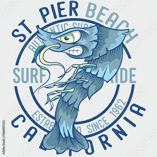 Tattoo style lobster illustration with beach lifestyle texts with big waves, surfers and gradient signs retracing the vision of beach vacations