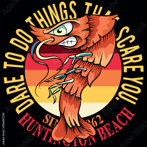 Tattoo style lobster illustration with beach lifestyle texts with big waves, surfers and gradient signs retracing the vision of beach vacations