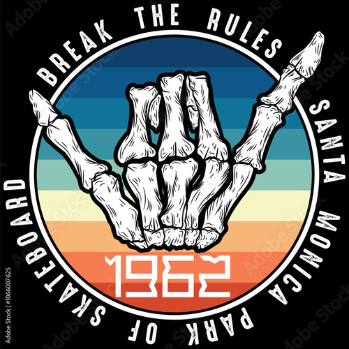 Illustration of a hand in bones making the surfer sign, accompanied by elements alluding to the beach lifestyle, fun and vacations. Patch and stitching simulation holiday season.