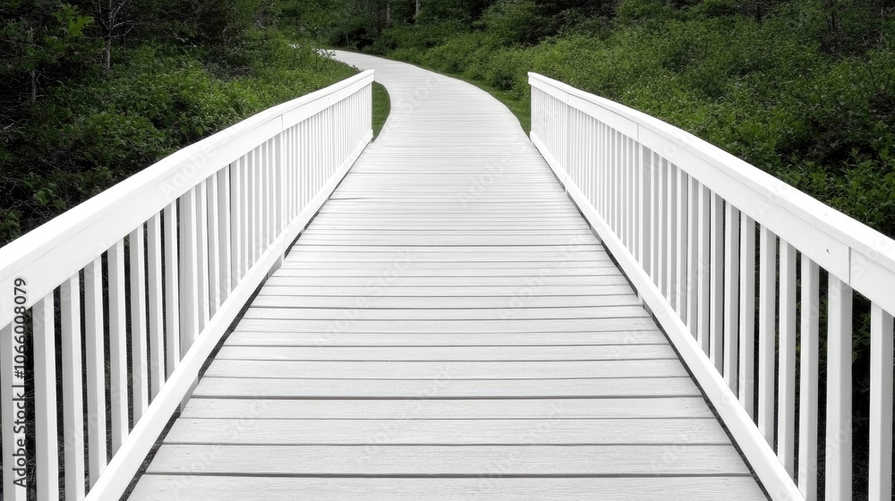 Fototapeta premium A well-maintained white wooden fence borders a vibrant green hedge, creating a serene atmosphere in a sunny yard