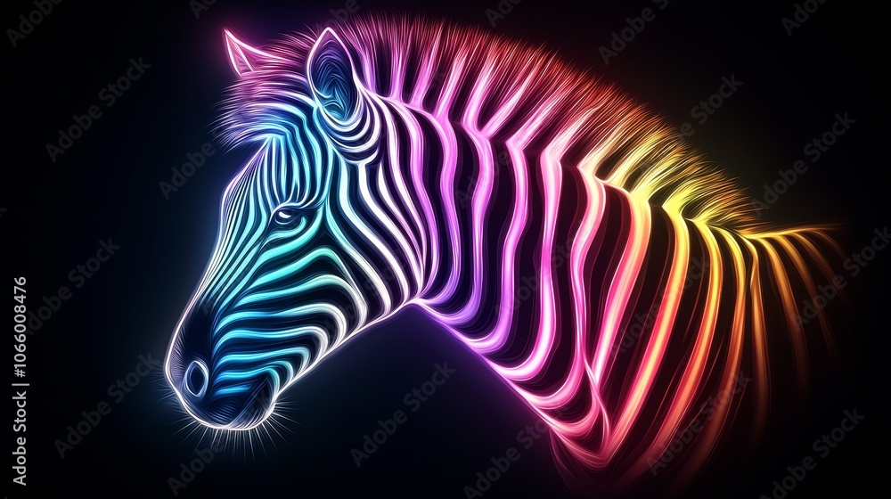 Naklejka premium Neon rainbow zebra stripes against a pitch-black background, a vibrant burst of color and contrast in a sleek design. Abstract animal pattern, Bold color pop