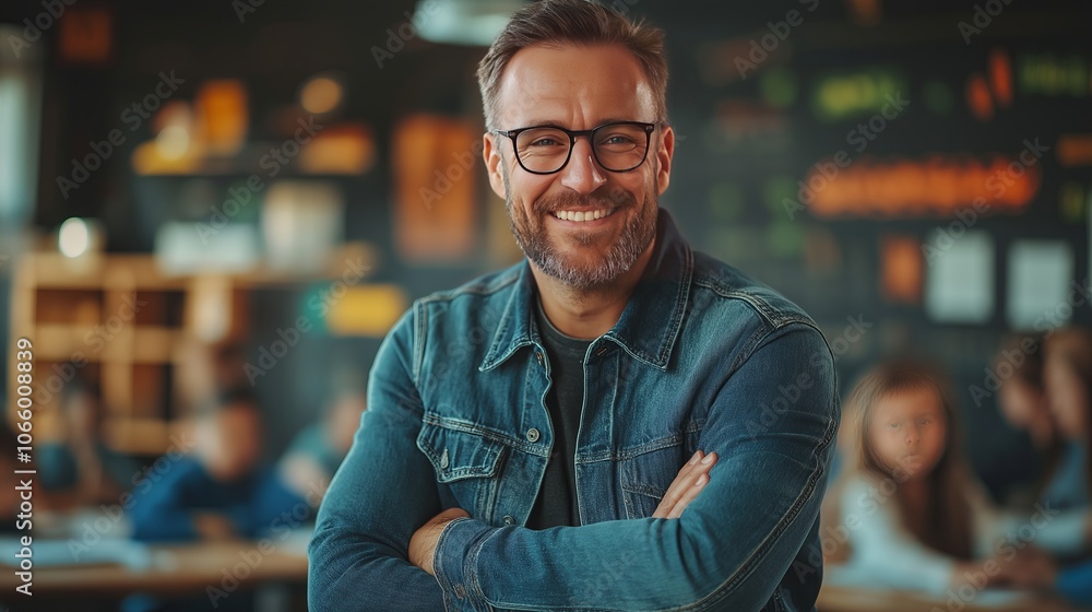 Fototapeta premium Portrait of a smiling teacher with a friendly expression in a well-lit classroom environment.