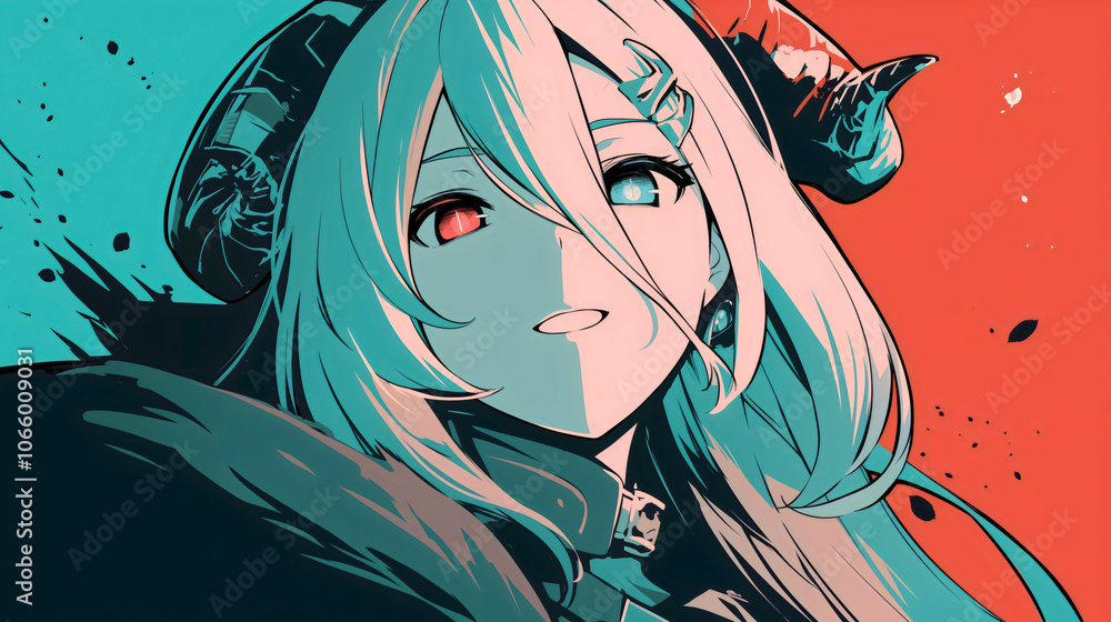 Naklejka premium A demonic monster that is a girl with a very sweet face and a sadistic expression. One of her eyes is red, the other blue, with horns on her head.