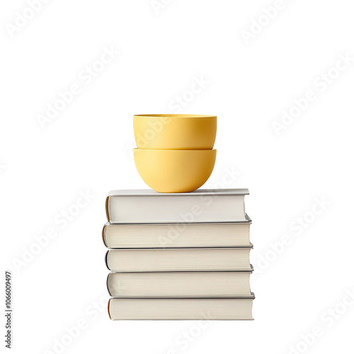 A stack of books with a yellow cup on top, isolated on a pure white background. PNG transparent. photo