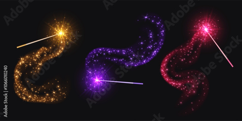 Magic wands with smoke and sparkles, wizard staffs for casting spells with smoke and glowing stars. Colorful fantasy glittery mystic rod in motion. Vector illustration.