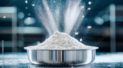 Flour particles suspended mid-air, sifting motion photo