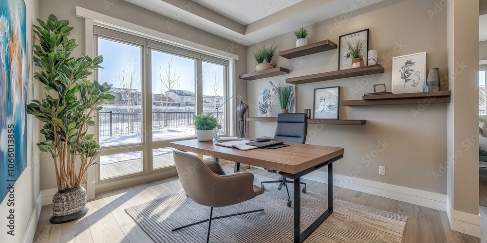 Fototapeta premium Bright home office with contemporary desk style and large windows