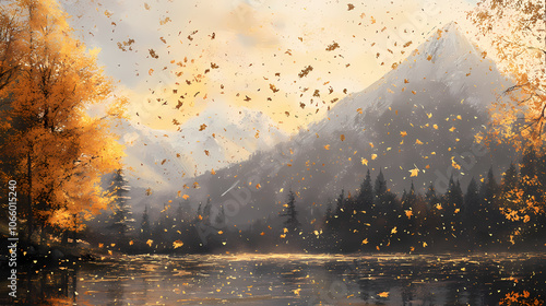 Lake trees mountain background scattered golden flakes dreamscape leaves falling overlays splash jack ducker young. Dreamscape. Illustration photo