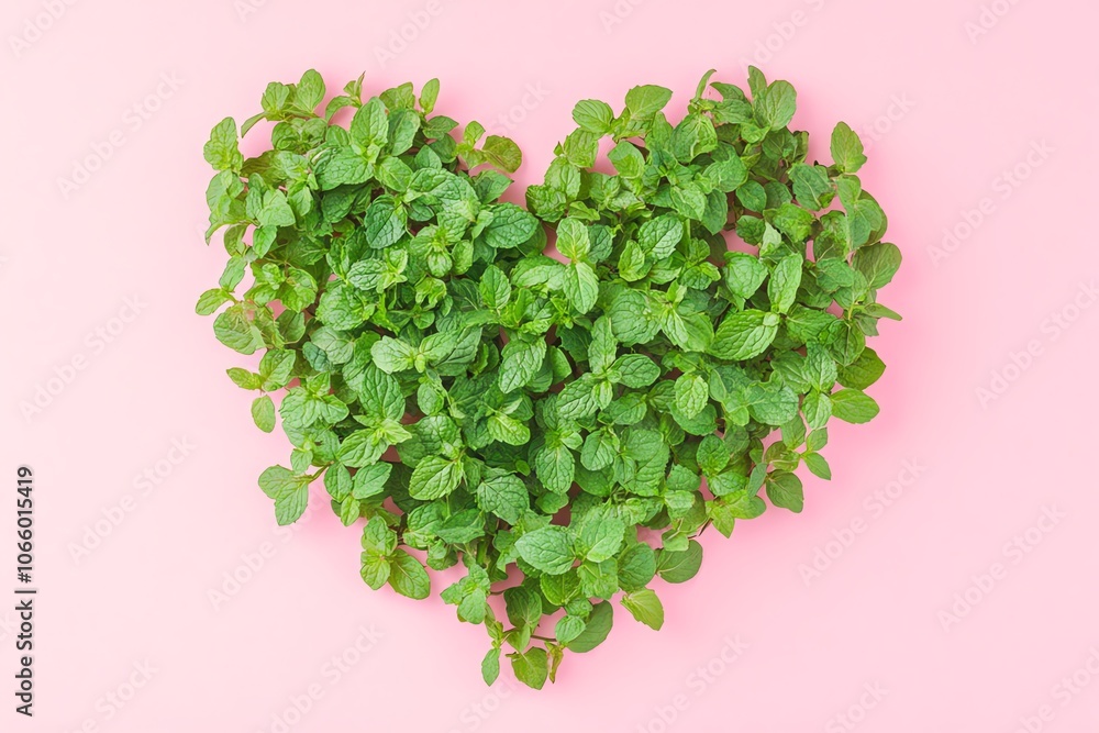 Composition créative de feuilles de menthe fraîche en forme de cœur sur fond rose pastel vue de dessus. Composition créative de feuilles de menthe fraîche en forme de cœur sur fond rose pastel vue de dessus.