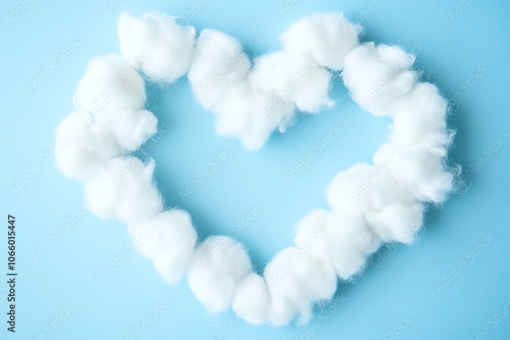 Coton hydrophile disposé en forme de cœur sur fond bleu pastel. Coton hydrophile disposé en forme de cœur sur fond bleu pastel.