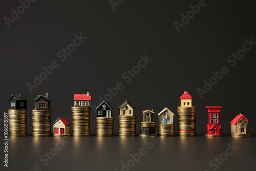 Collection de maisons miniatures sur des piles de monnaie variable sur fond sombre dramatique. photo