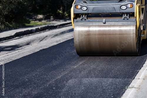 A steamroller compacts freshly laid asphalt on a sunny day in a residential area, showcasing road construction efforts photo