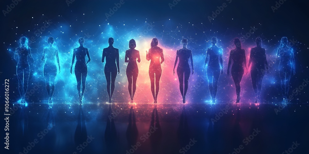 Fototapeta premium Abstract digital business team concept with people silhouettes in blue and gray colors on a white background A group of businesspeople standing together, working as a collaborative team
