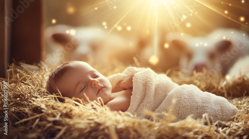 Newborn baby Jesus sleeps peacefully in a wooden manger on straw against the backdrop of a barn with animals, illuminated by divine rays of light. Religious scene Christmac of Jesus Christ