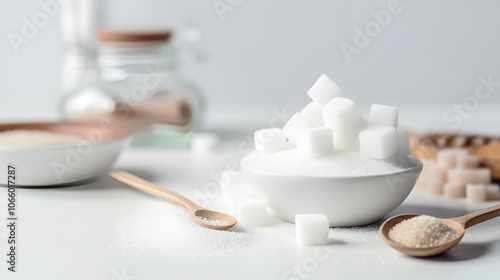 White bowl filled with sugar cubes, surrounded by granulated sugar and wooden spoons, presenting various forms of sugar and sweeteners in a bright, clean setting photo