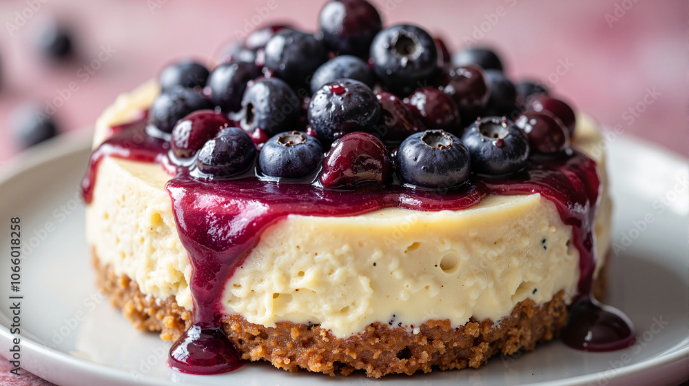 No-bake cheesecake with blueberry topping on white plate No-bake cheesecake with blueberry topping on white plate