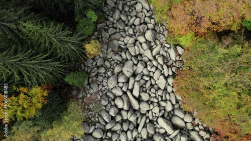 Drone footage from Golden bridges, a big rocks located in Vitosha mountain. Autumn season and awesome nature colours. Smooth aerial clips