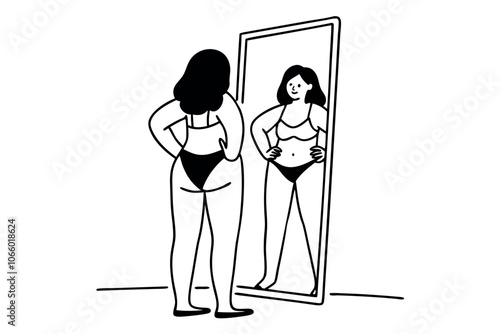 Happy woman admiring beautiful reflection in mirror. Proud of beauty and self confidence. Flat vector illustration