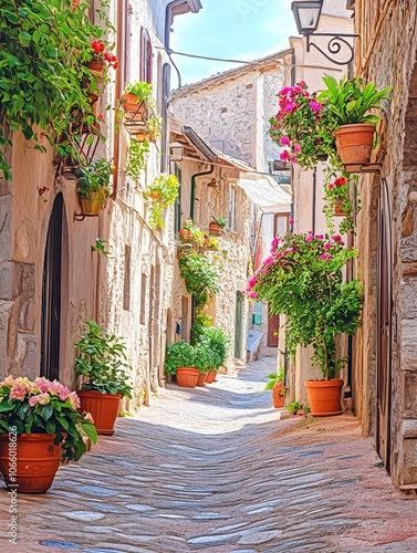 A winding lane meanders through an old Italian seaside village adorned with lush flowering potted plants in the doorways photo