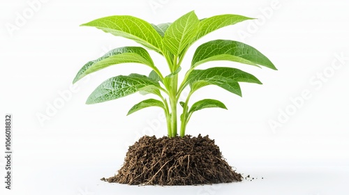 Small plant with multiple leaves, deep-rooted in moist soil, isolated on white, showing strong early development photo