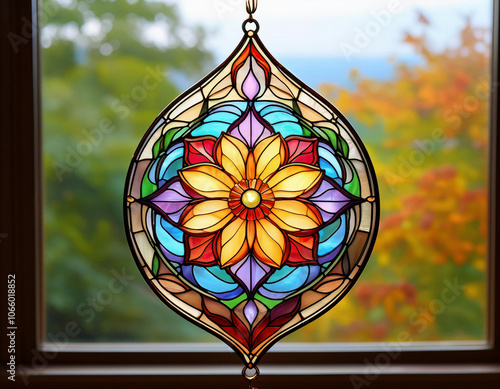 Colorful floral stained glass  suncatcher, anniversary gift, suncatcher for window hanging	 photo