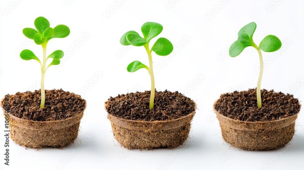 Naklejka premium Stages of seedling growth from sprout to young plant, arranged sequentially in a clean banner layout, isolated on white