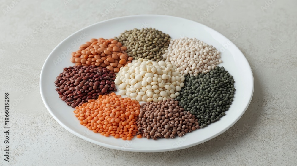 A variety of legume organic protein plants that are beneficial to the body and health on a white plate A variety of legume organic protein plants that are beneficial to the body and health on a white plate