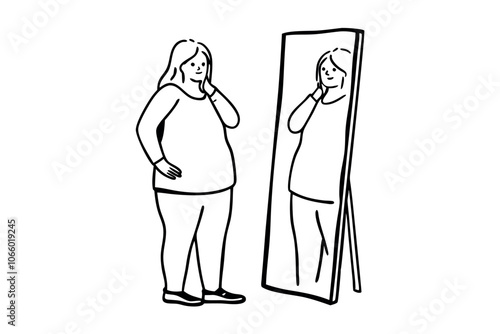 Happy woman admiring beautiful reflection in mirror. Proud of beauty and self confidence. Flat vector illustration
