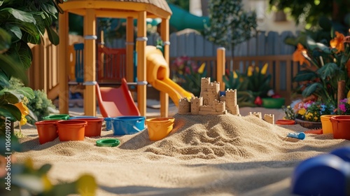 Wallpaper Mural A colorful sandcastle sits in a sandbox with buckets, shovels, and toys, in front of a playground. Torontodigital.ca