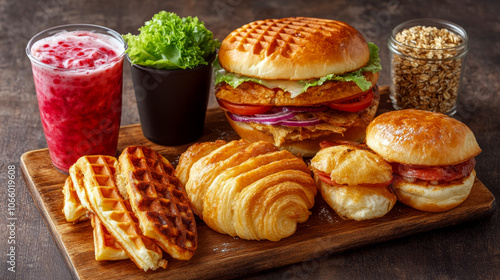 Wallpaper Mural Various breakfast foods including burgers, croissants, waffles, and a berry drink are arranged on a wooden board. Concept breakfast variety and abundance. Torontodigital.ca